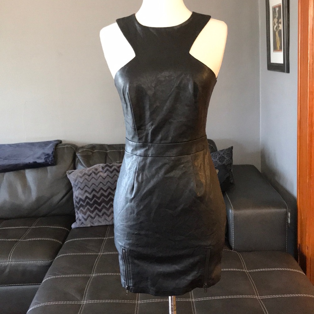 NWT Black faux leather mini dress zippers Sz 8 LF